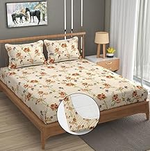 140 GSM Fitted Bedsheet (L-78 x B-72 + 6" Pocket) with 2 Pillow Covers - Fitted, Floral Print, Soft & Stretchable