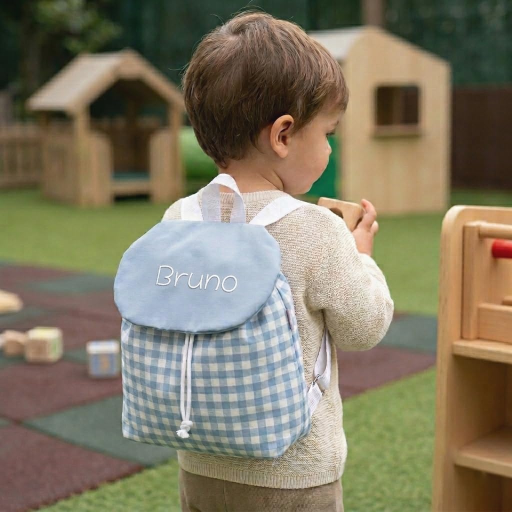 Mochila Infantil Personalizada con Nombre | Mochila Bebé para Guardería y Colegio | Mochila Vichy de Algodón con Solapa y Cordón Ajustable | Hecha en España