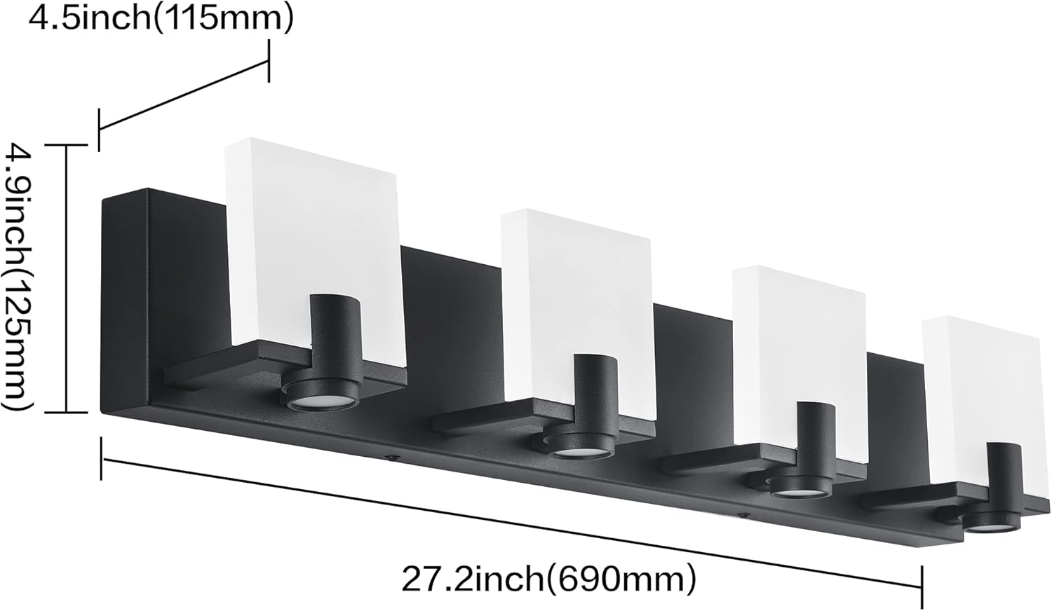 SOLFART Dimmable Led Vanity Lights for Bathroom Modern Light Fixtures with Spotlights 4 Lights Matt Black Finishing Metal Base White Acrylic
