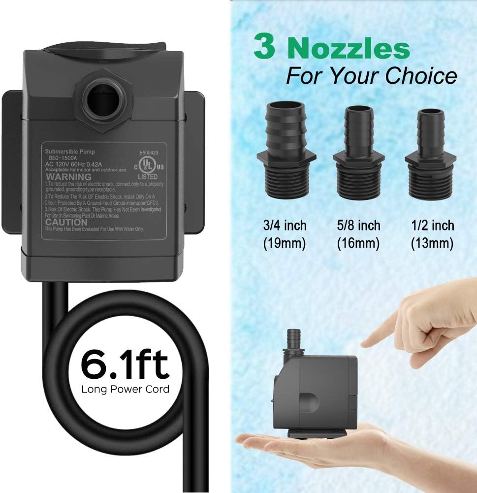 Knifel Submersible Pump with three interchangeable nozzles (3/4 inch, 5/8 inch, 1/2 inch) and a 6.1ft long power cord.