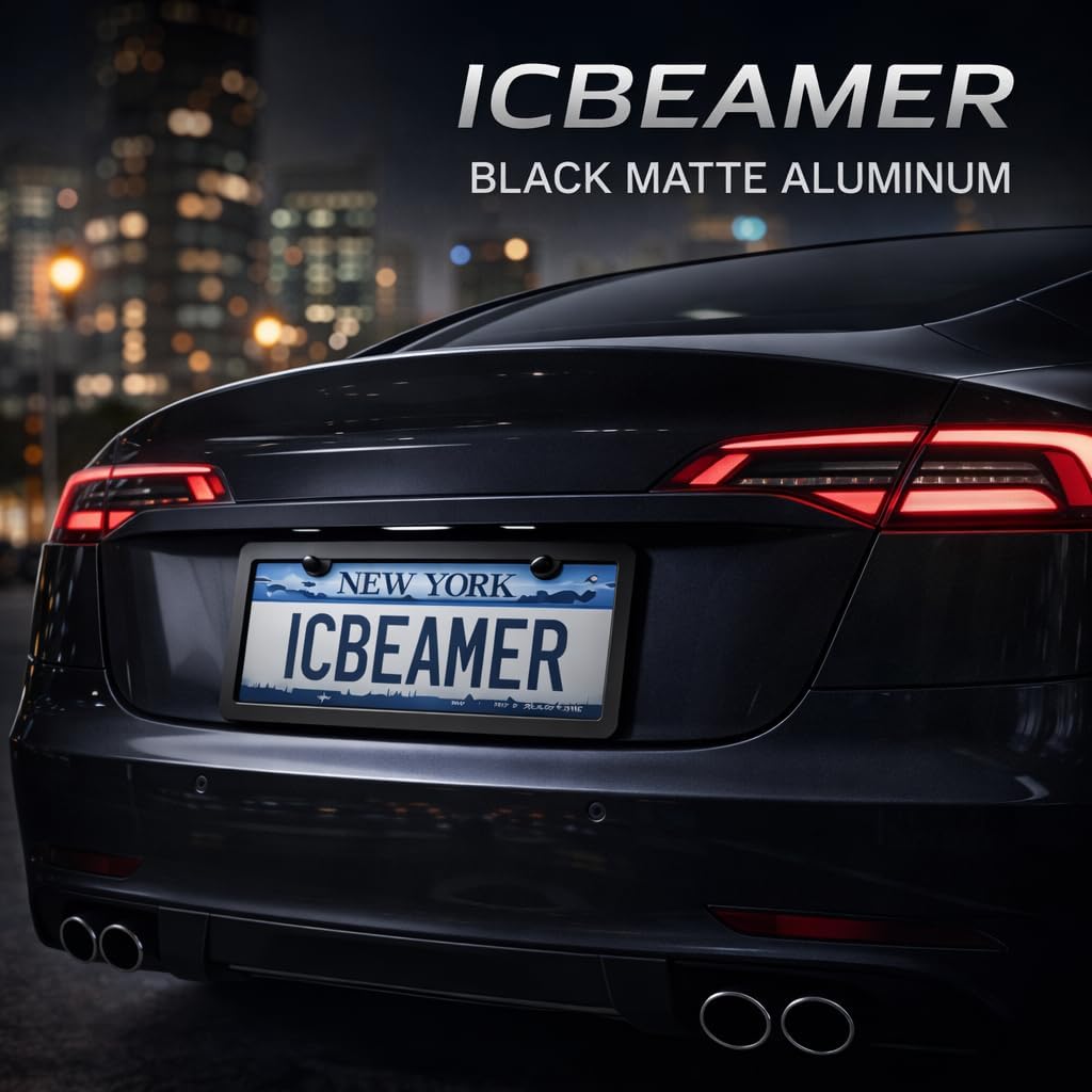 2 Pack Matte Black License Plate Frames | All-Metal Car Tag Frame Cover | Sleek Black License Plate Holder for Men | Durable Car Plate Frame | Porta Placas para Auto by ICBEAMER