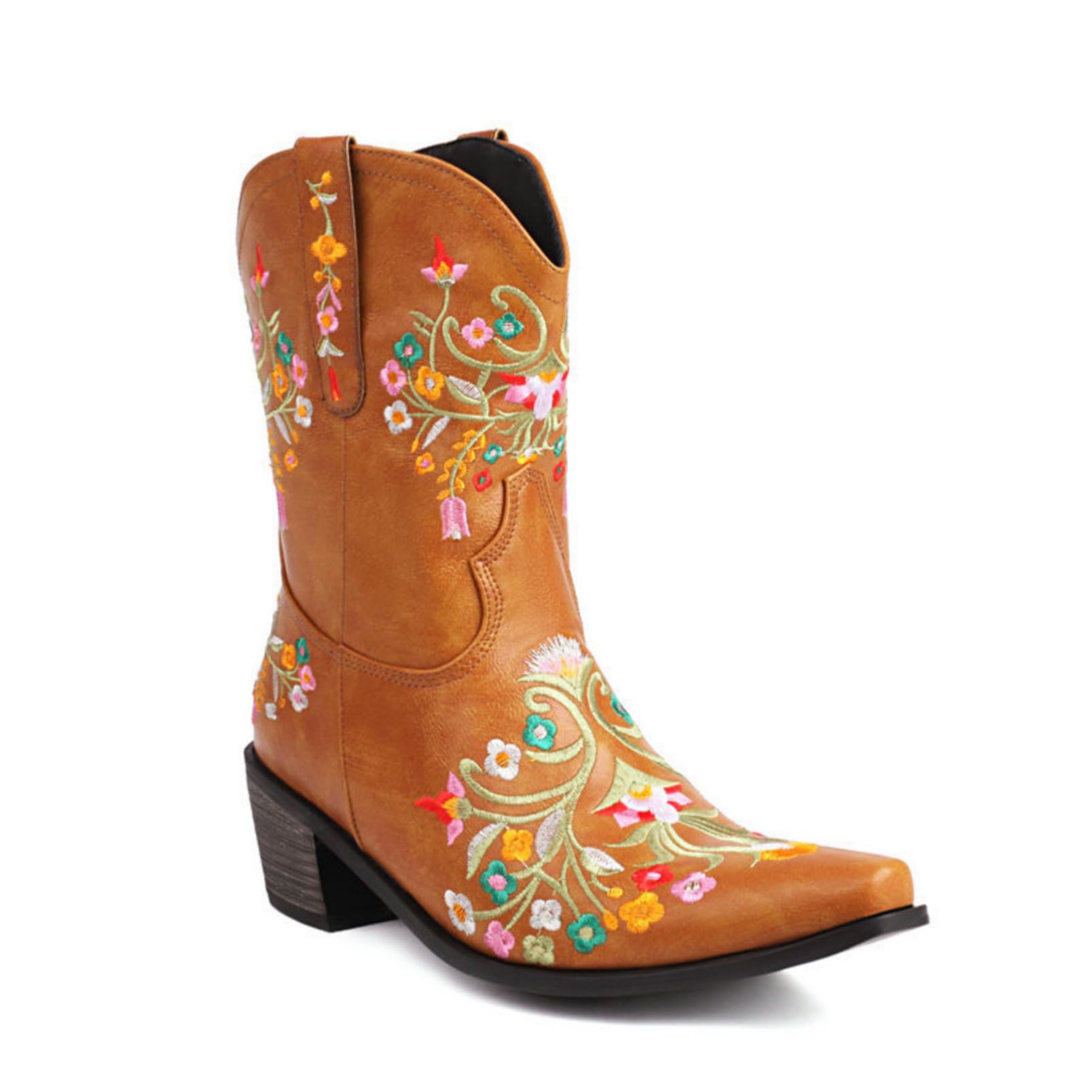 Generico Stivali Donna Stile Western Mezzo Polpaccio con Ricami, Stivale Alto a Canna Larga e Design Slip-On per Stile Country