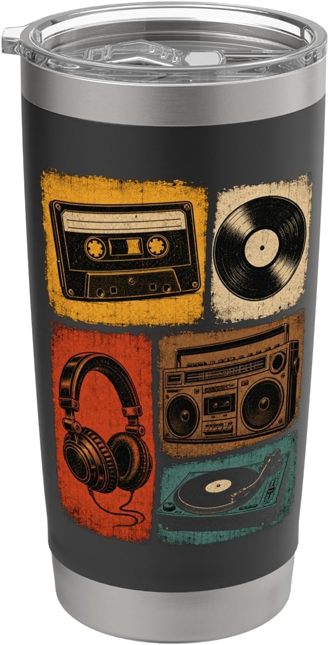 Retro Music Cassette Vinyl Record Boombox Vintage 80s Fun Stainless Steel Insulated Tumbler