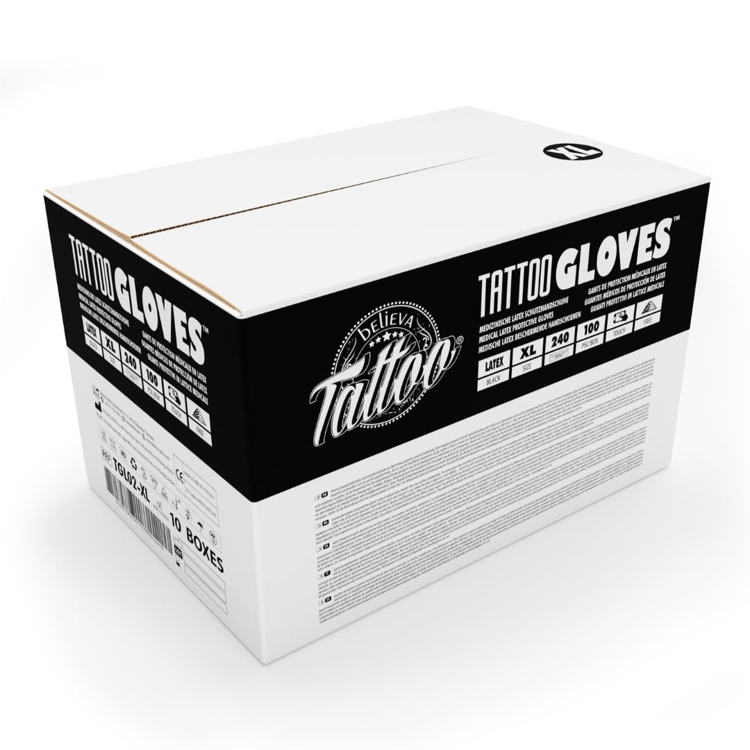 believa Tattoo Guantes desechables de látex, color negro, caja de 1000 (10 x 100 unidades) sin polvo en S