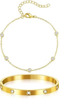 Howoo Gold Bangle Bracelets for Women 14K Zirconia Tennis Gold Bracelet Stack Jewelry Set Gifts for Trendy
