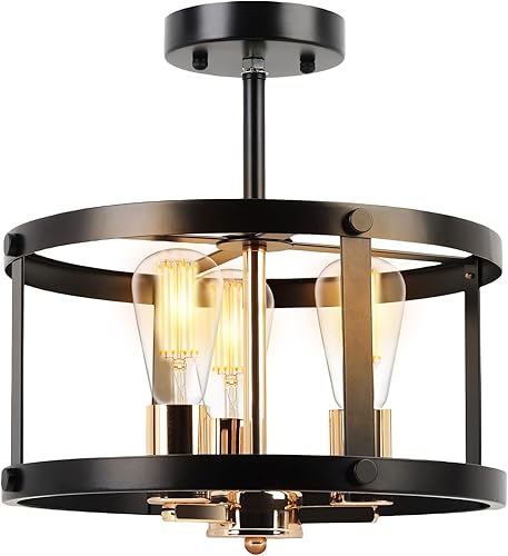 Gugxiom Semi Flush Mount Ceiling Light Black, 3 Lights Ceiling Fixture, Farmhous