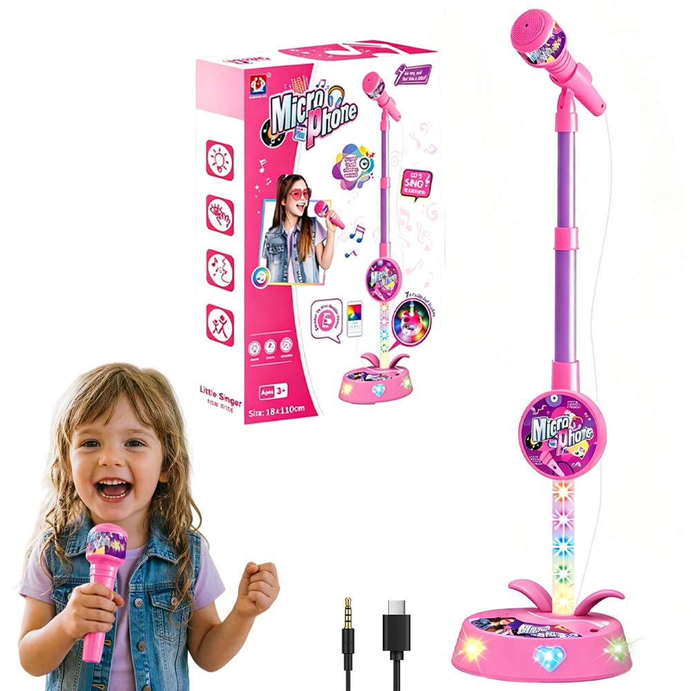 KQWVZ Kids Microphone and Stand 2026, Adjustable Kids Karaoke Machines with Flashing Stage Lights, Stand Up Kids Microphone Stand, Microphone with Stand for Kids Girls Toys Birthday Gift