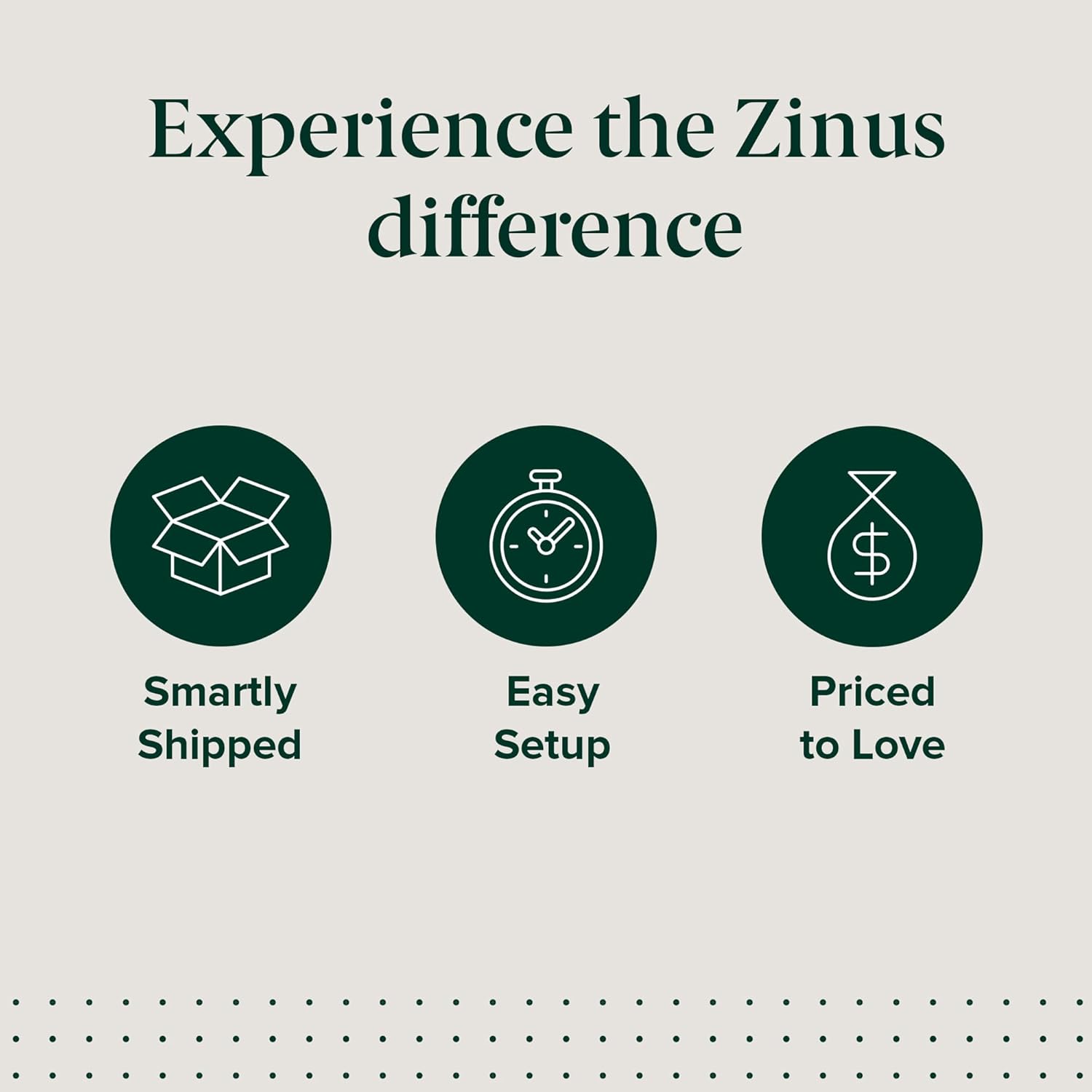 Icons representing durable steel construction, quiet motor, and tool-free assembly for the Zinus Nadia Adjustable Bed Frame.