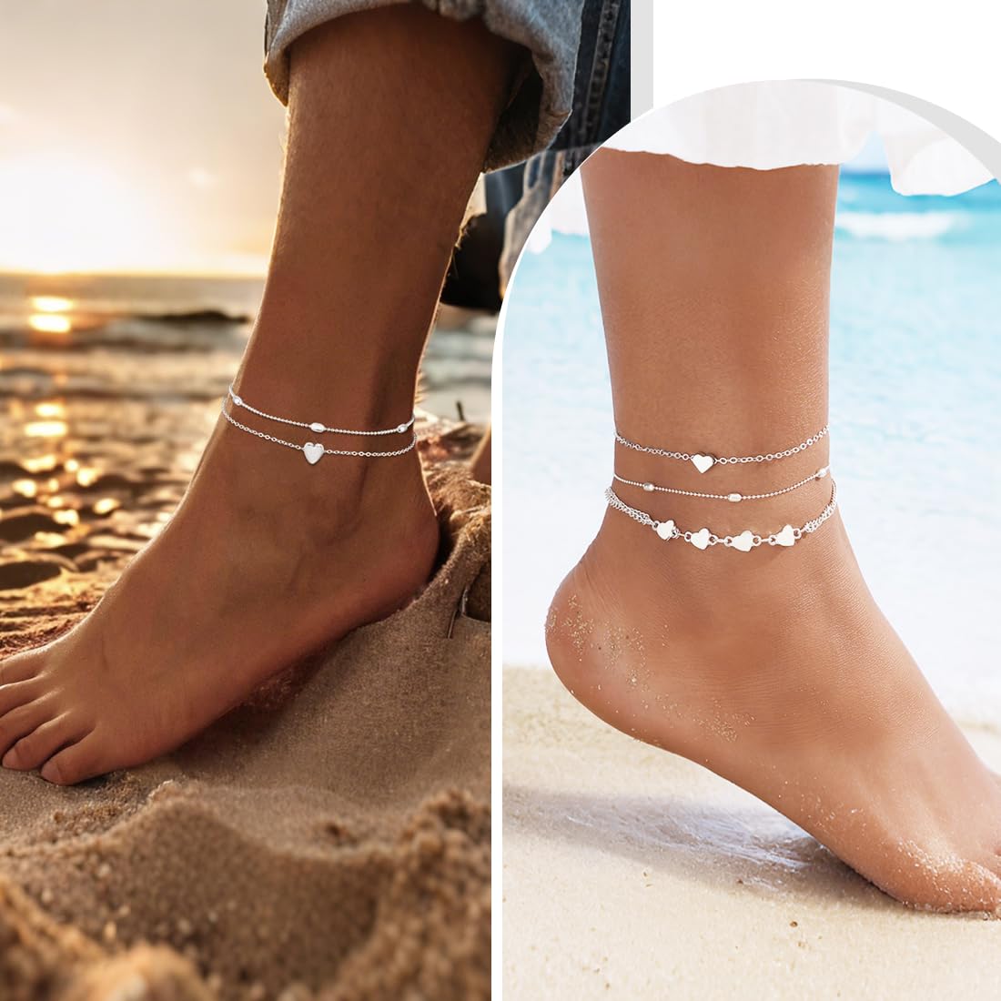 3 Pezzi Cavigliera Impermeabile a Strati per Donna Regolabile, Farfalla Cuore Cavigliere, Cavigliere da Spiaggia Argento per Donna, Regalo di Gioielli