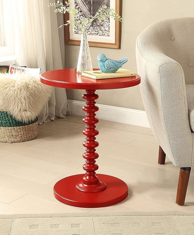 Image of Kundi Round Coffee End Table for Living Room - Modern Brown Accent Pedestal Side Table for Bedroom & Home Decor (Red)