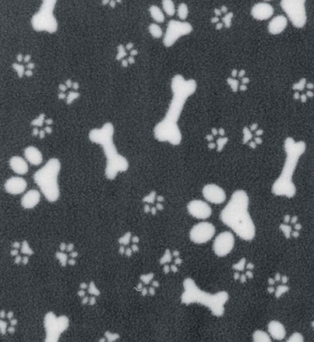Printed Polar Fleece Fabric Material - Dog Paws & Bones Grey, 1Mtr 150cmx100cm