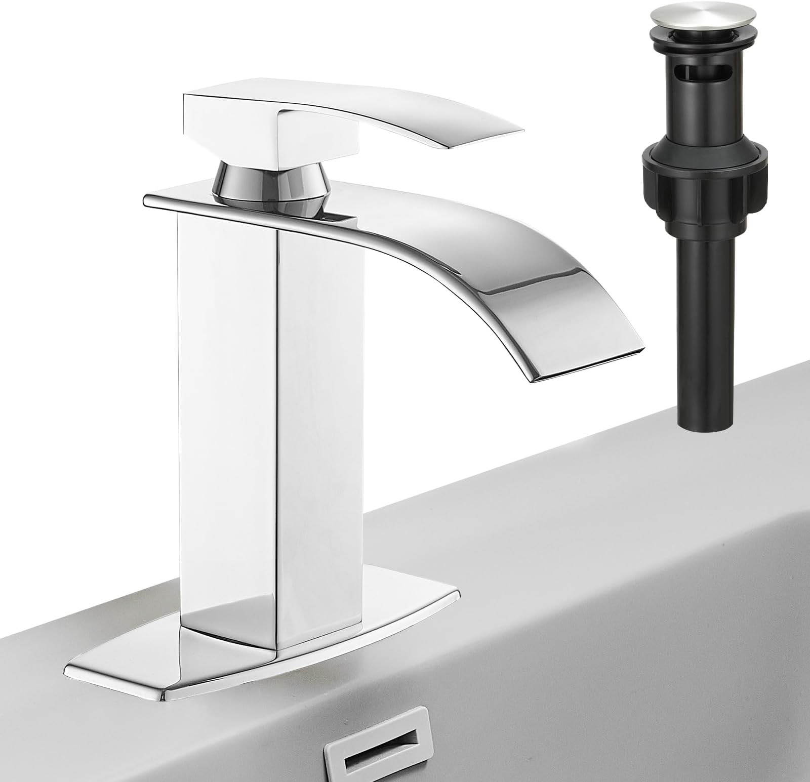 Hoimpro Chrome Waterfall Bathroom Faucet with cUPC Supply Lines, Single Handle Bathroom Sink Faucet with Pop-up Drain, Rv Vanity Vessel Faucet with Deck Plate, Chrome, 1 or 3 Hole