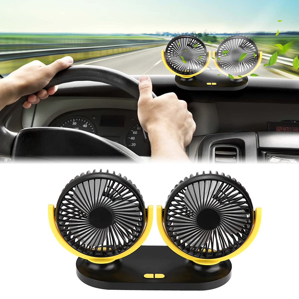 Ventilateur USB double tête voiture climatiseur portable 12V noir jaune habitacle frais
