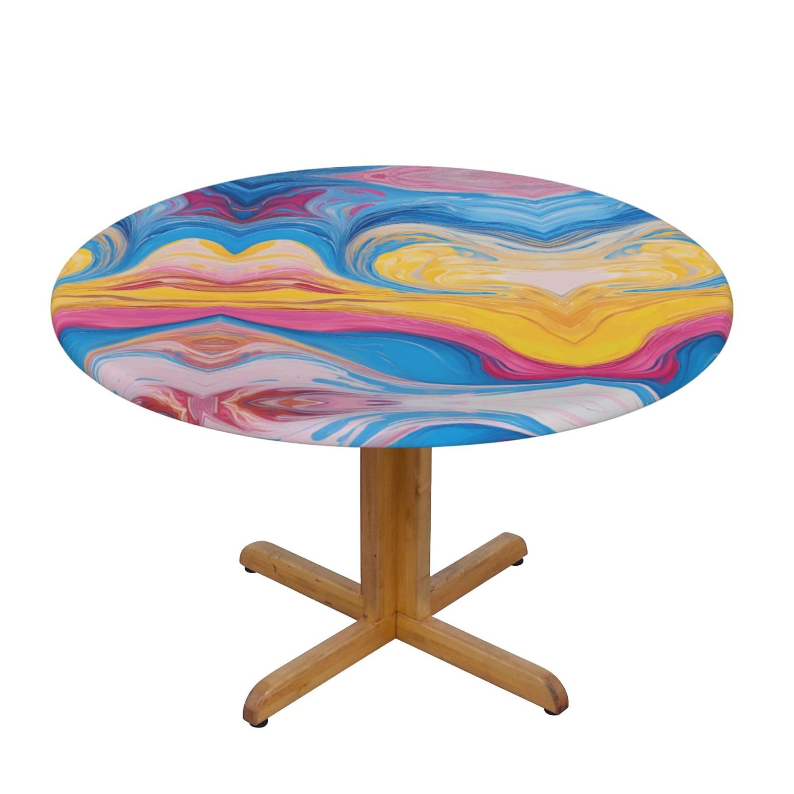 ESNAIUVCD Colorful Tie Dye print Waterproof Round Tablecloth,Outdoor Table Cloth with Elastic Edged, Elastic Tablecloth Wipeable, Garden Table Cloth Suitable for sizes 90cm-140cm