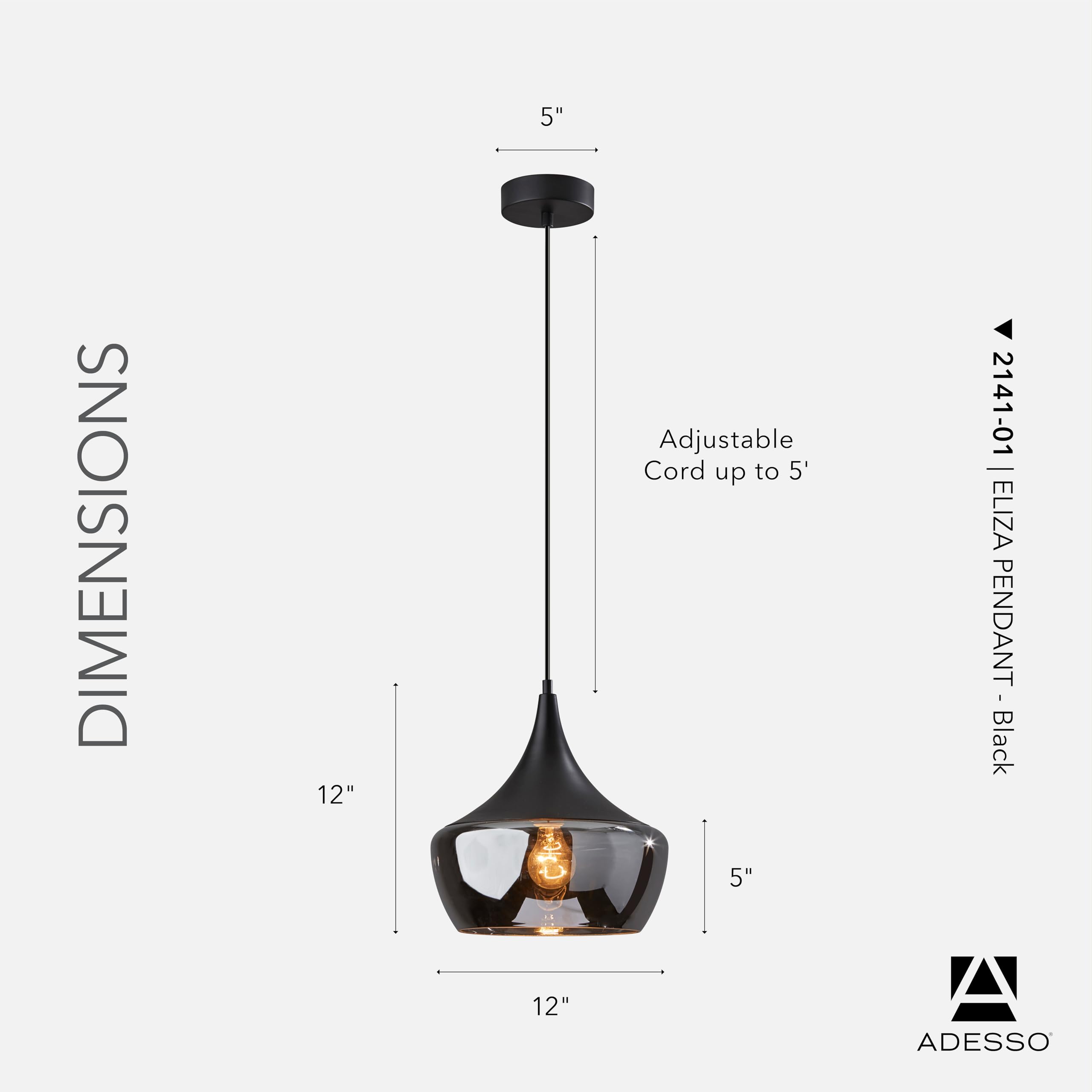 Adesso Black Ceiling Pendant with Smoked Glass Dome Shade