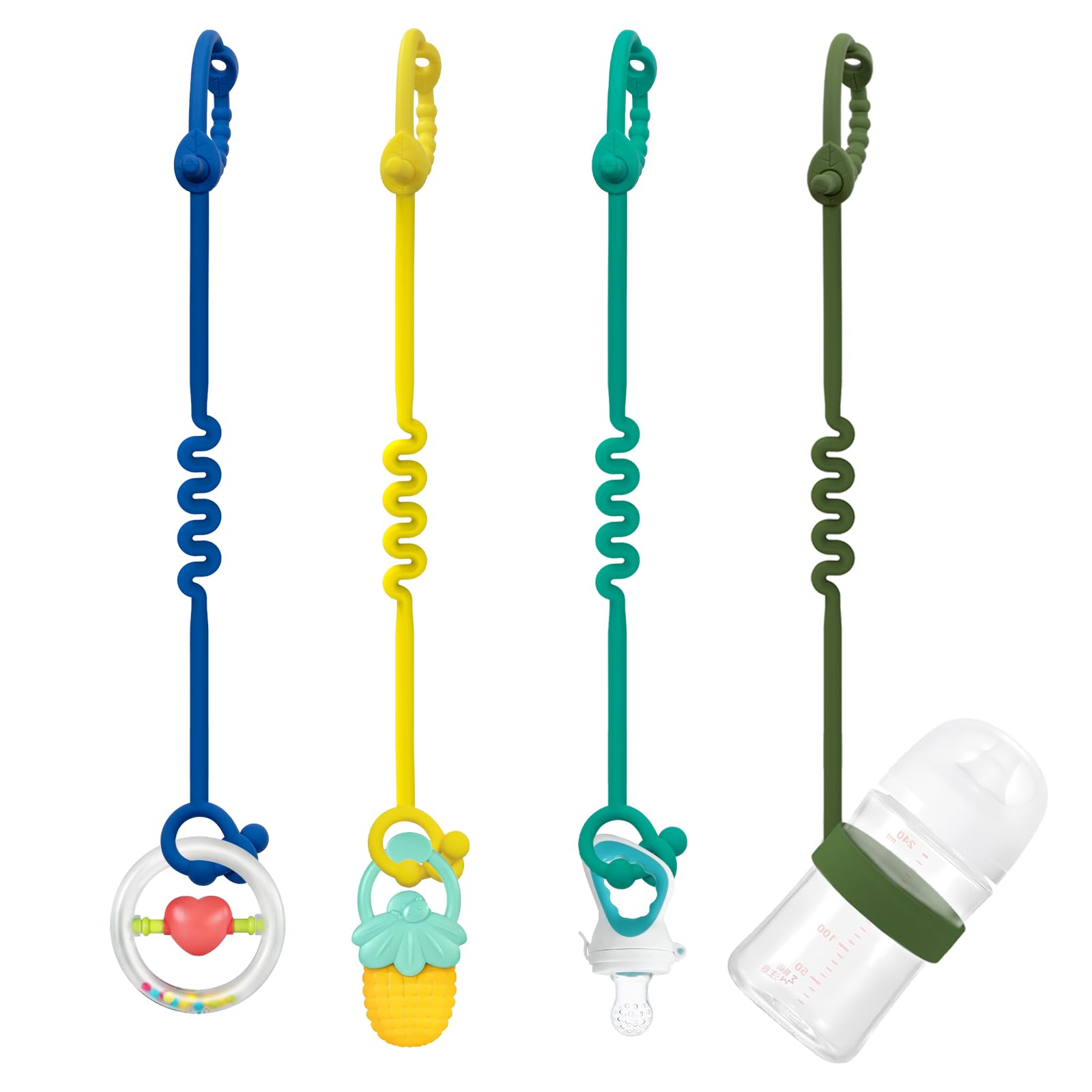 Toy Safety Straps Adjustable Silicone Toy Straps for Baby and Silicone Dummy Clip for Strollers, High Chairs, Cribs, Car Seats (Spearmint+Blue+Yellow+Olive)