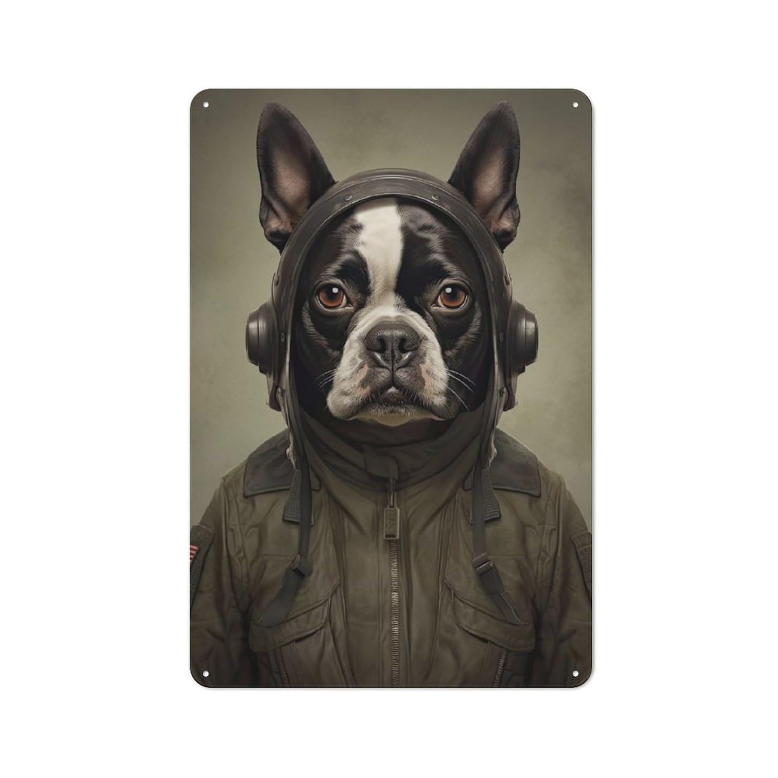Junmoney Style-3 Metal Wall Sign 30X20cm Featuring Boston Terrier Soldier For Garage Or Workshop, For Vintage Wall Decor Fans, For Metal Sign Collectors