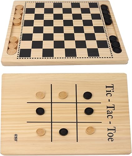 GSE 2 en 1 reversibles de madera natural y juego de mesa Tic-Tac-Toe con piezas de juego. Juego familiar para niños y niñas, adultos. Divertido