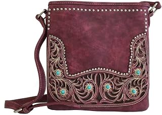 Montana West Concealed Carry Studs and Conchos Crossbody Purse - Burgundy
