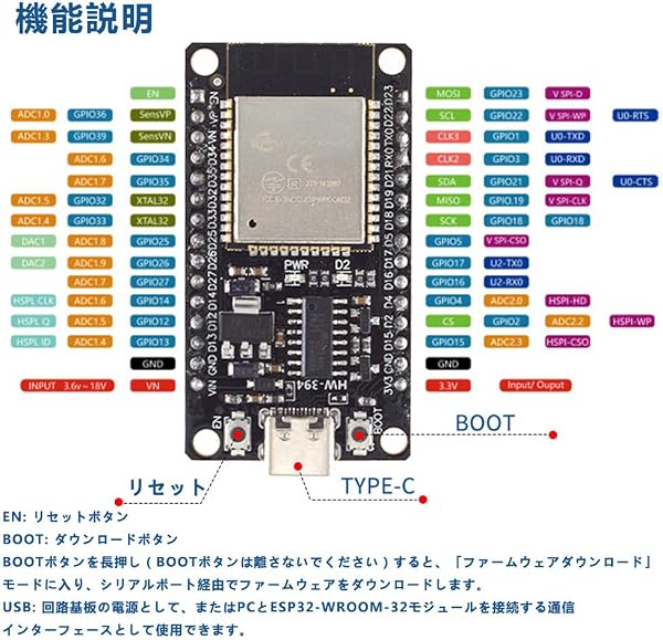 ESP32-DevKitC ESP-WROOM-32 開発ボード ESP32-DevKitC-32 CH340C Type C 4MBフラッシュ 2.4GHz デュアルモード Wi-Fi + Bluetooth デュアルコアマイクロコントローラープロセッサ、AP/STAモード対応、Arduino IDE互換 - 1
