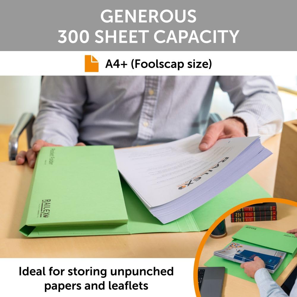 Railex Pocket Folder Foolscap Document Wallets, Emerald Folders Pack of 10 for Paperwork A4 and A4+ - Image 3