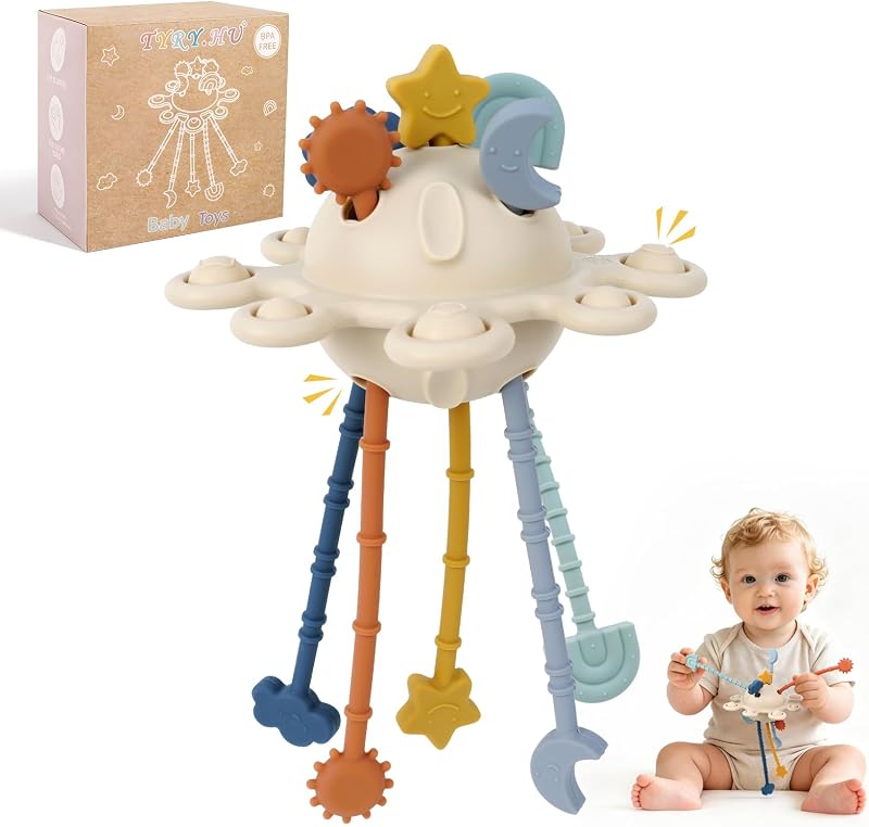 TYRY.HU Silicone Baby Sensory Montessori Toys,Silicone Pull String Fidget Toys for Babies 18 Months+, Travel Toy for Plane, Car, and Stroller, Early Educational Fine Motor Skills Toy for Toddlers