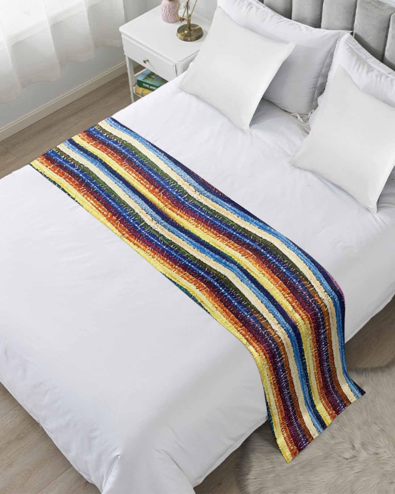Colorful Shabby Stripe Bed Runner for King Size, Geometric Color Block Abstract Bedspread Protector Slipcover Bed Scarf for Foot Runners & Scarves for Bedroom Hotel Wedding Room 102x20 Inches