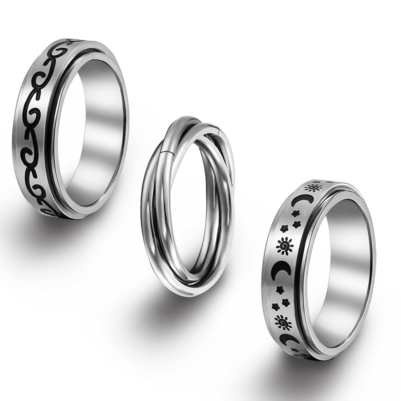Xinzistar Spinner Ring, 3 Packs Titanium Steel Fidget Band Cool Rings for Women Men to Reduce Stress & Anxiety with 3 Different Design Style