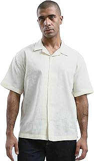 قميص صيفي رجالي من ريفين بأكمام قصيرة، باللون البيج، مع ياقة على شكل حرف V، بتصميم عصري