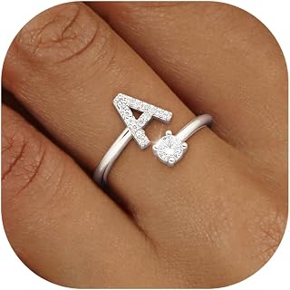 Gold Silver Initial Rings for Women Non Tarnish Dainty 14k Gold Plated Stackable Rings for Women Trendy Adjustable Capital Letter Cubic Zirconia Thumb Pinky Ring Unique Cute Open Birthday Gift Jewelry