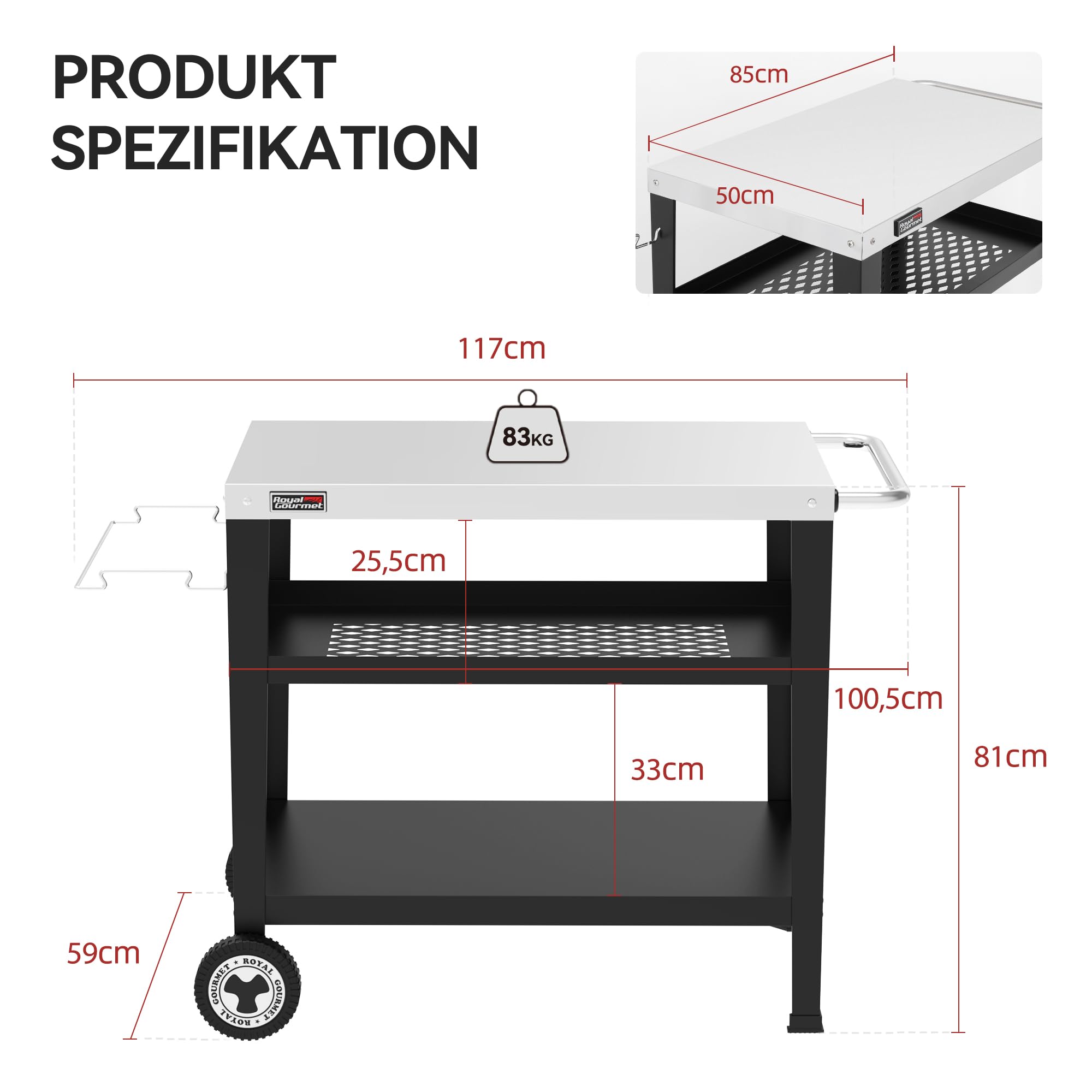 Royal Gourmet Servierwagen 3-Etagen Edelstahl Küchenwagen Rollwagen 85x50cm