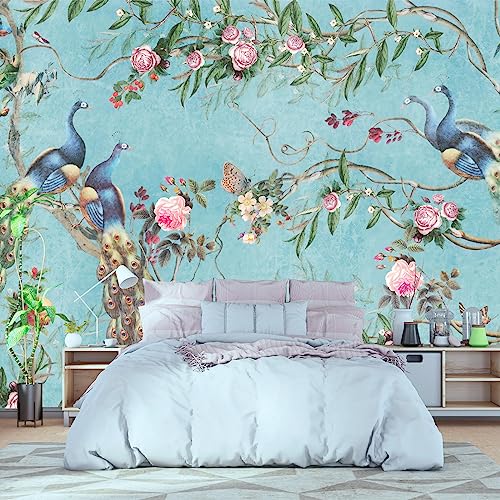 ZFBIZHI Chinoiserie Flower Peacock Blue Background Wall...