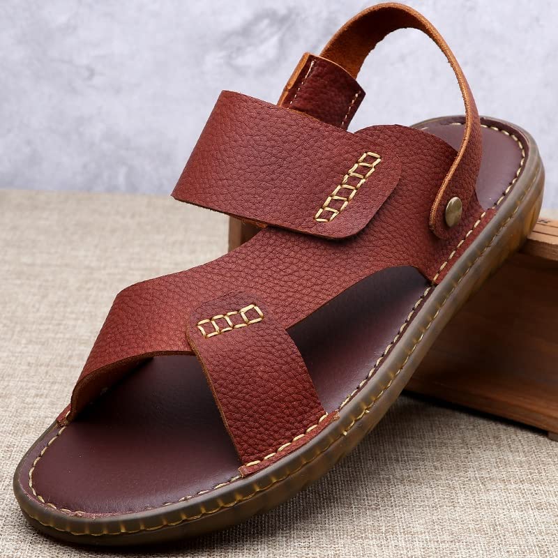 PU Leather Beach Sandals Man Shoes Concise Male Flats Casual Shoes Men Sandals Solid Slippers(White-Patch Five-Pointed star4,40 Code)2