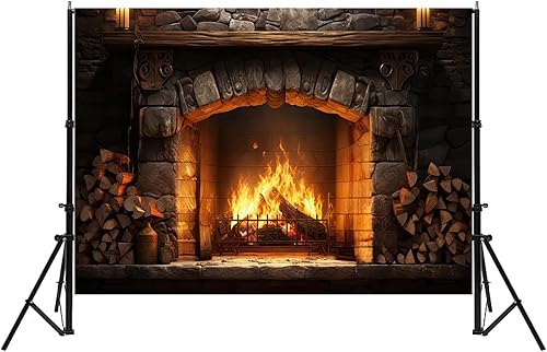 Miniatura 4 de Telón de fondo de chimenea de Navidad de 7 x 5 pies, pared de piedra vintage con llamas brillantes, fondo de fotografía para fotos familiares,
