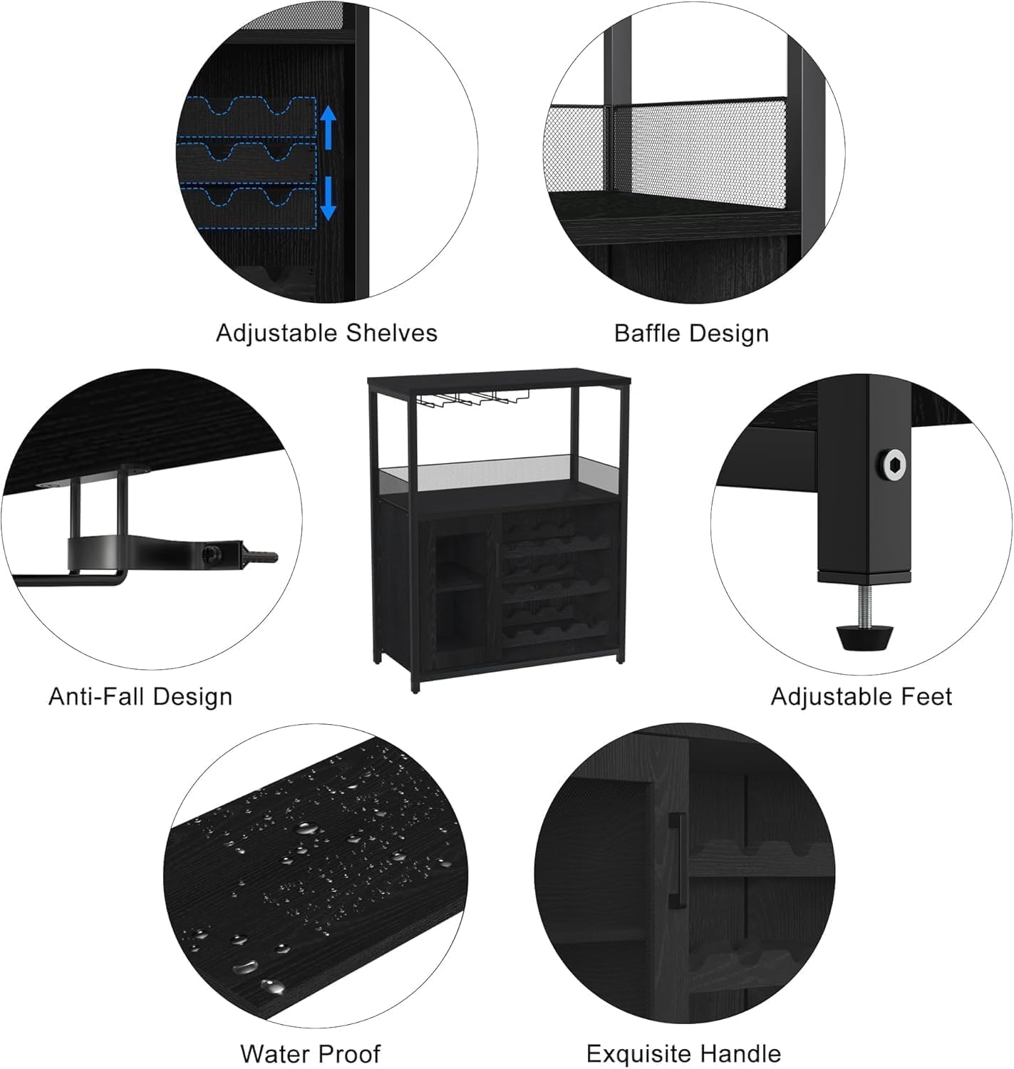 Weinlagerschrank LED Licht, höhenverstellbares Weinregal & Gläserhalter, Getränkeschrank für Küche, Esszimmer oder Wohnzimmer stilvolle Aufbewahrung für Weinflaschen, 70x35x92 cm Schwarz