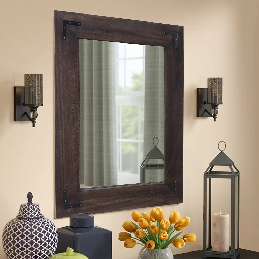 Rustic Wooden Framed Wall Mirror, Natural Wood Bathroom Vanity Mirror for Farmhouse Decor, Vertical or Horizontal Hanging, 32" x 24",Black