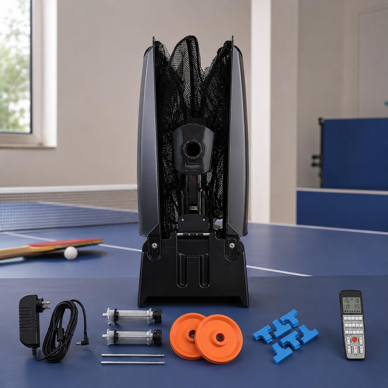 Automatischer Tischtennisroboter mit Fernbedienung, App-Integration und Ball-Recyclingnetz für interaktive Übungs- und Trainingseinheiten