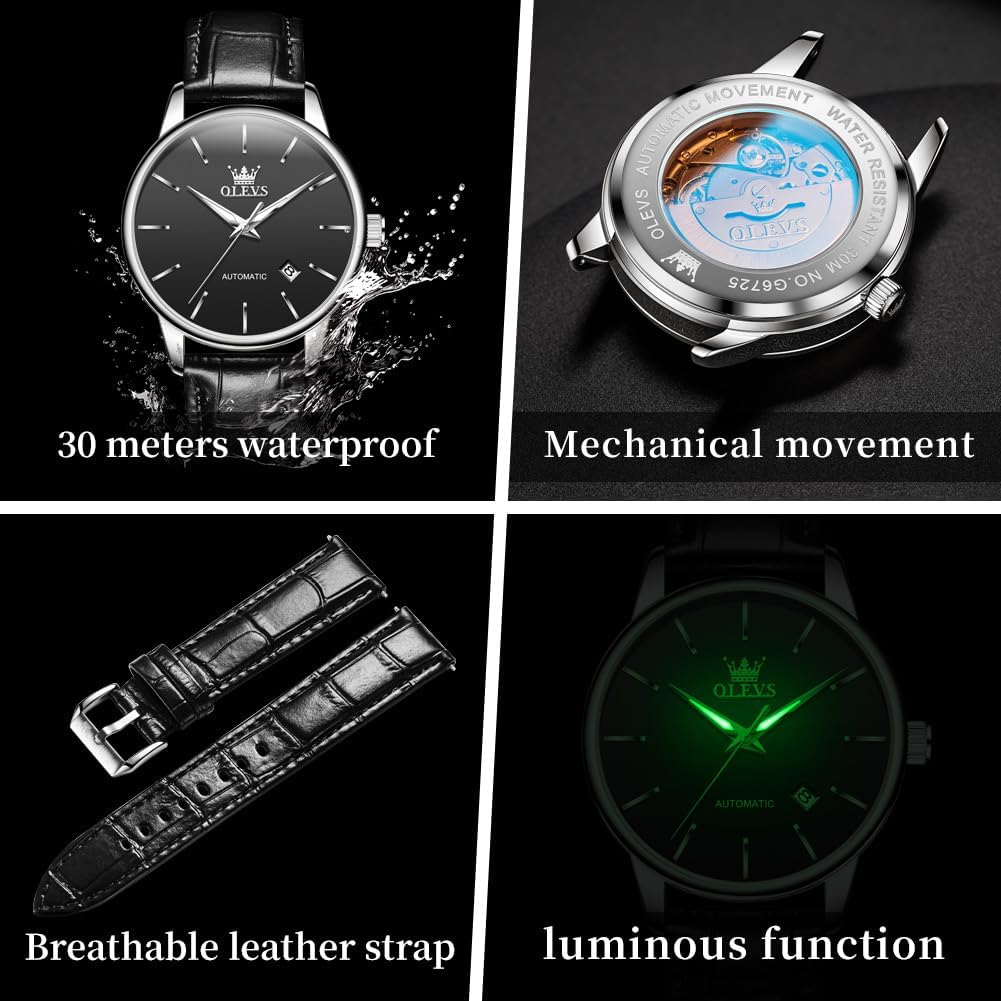 OLEVS Mens Watch Automatic Mechanical Luxury Dress Watches for Men Brown Black Leather Strap Waterproof Business Casual Self Winding Wristwatch Easy Read Day Mens Watches Relojes para Hombres