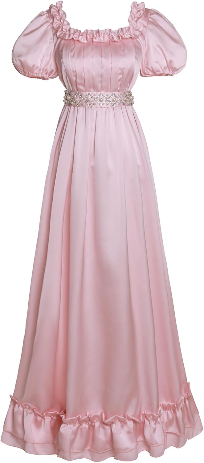 Regency Dresses for Women Elegant Ruffle Neck Puff Sleeve Empire Waist Dress