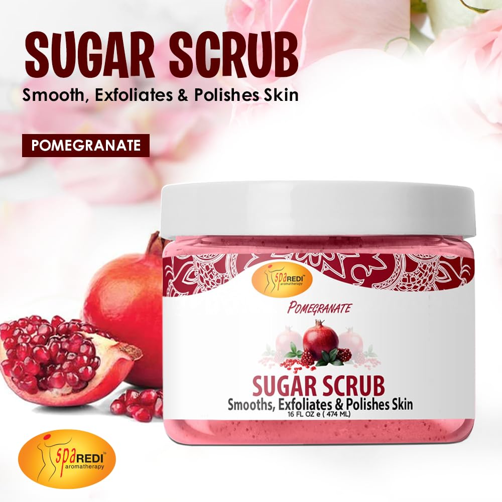 SPA REDI – Sugar Body Scrub, Pomegranate, 16 Oz, Exfoliating, Moisturizing, Hydrating and Nourishing, Glow, Polish, Smooth and Fresh Skin - Body Exfoliator