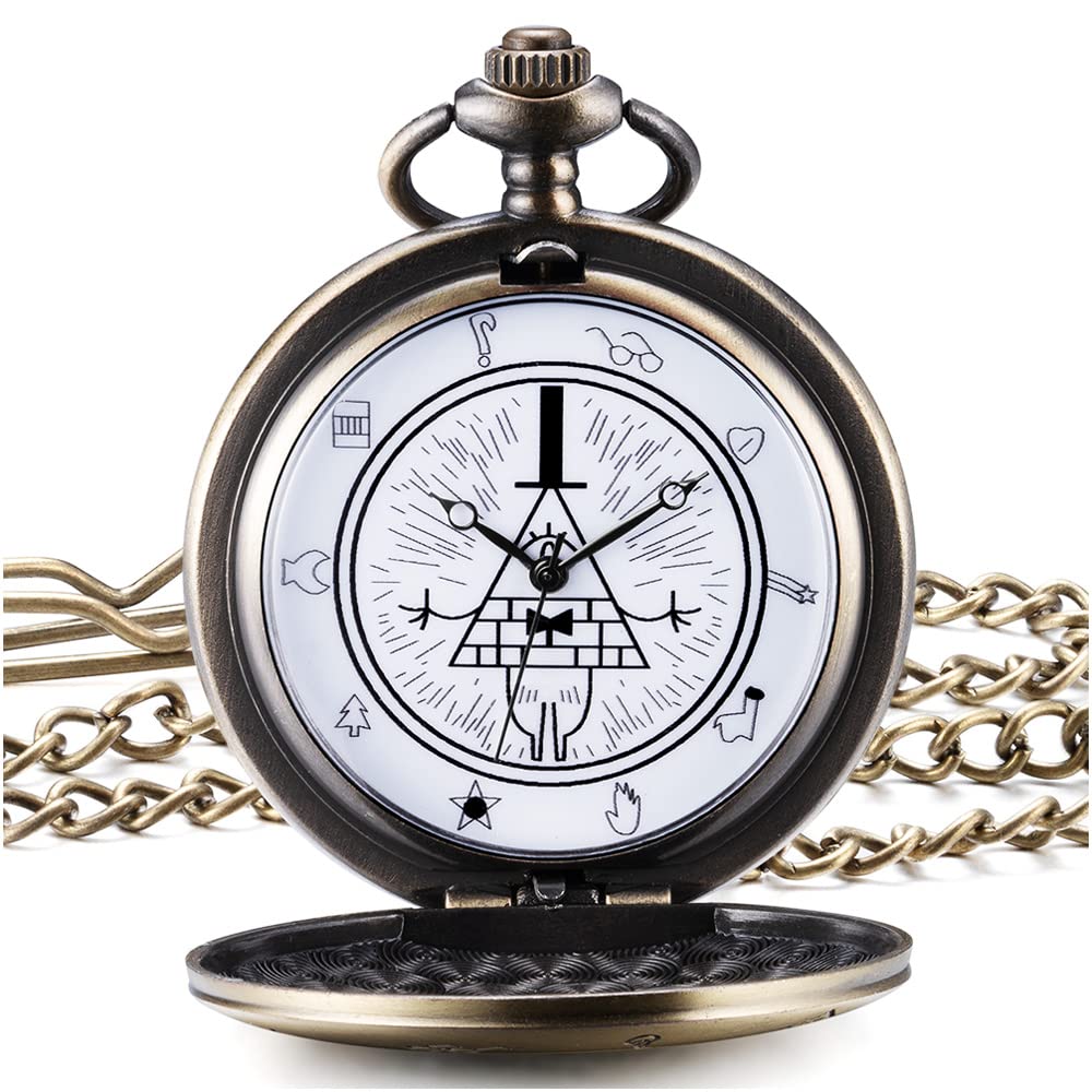 BOSHIYA Gravity Falls Bill Cipher Pocket Watches for Men Women Vintage Quartz Pocket Watch with Chain