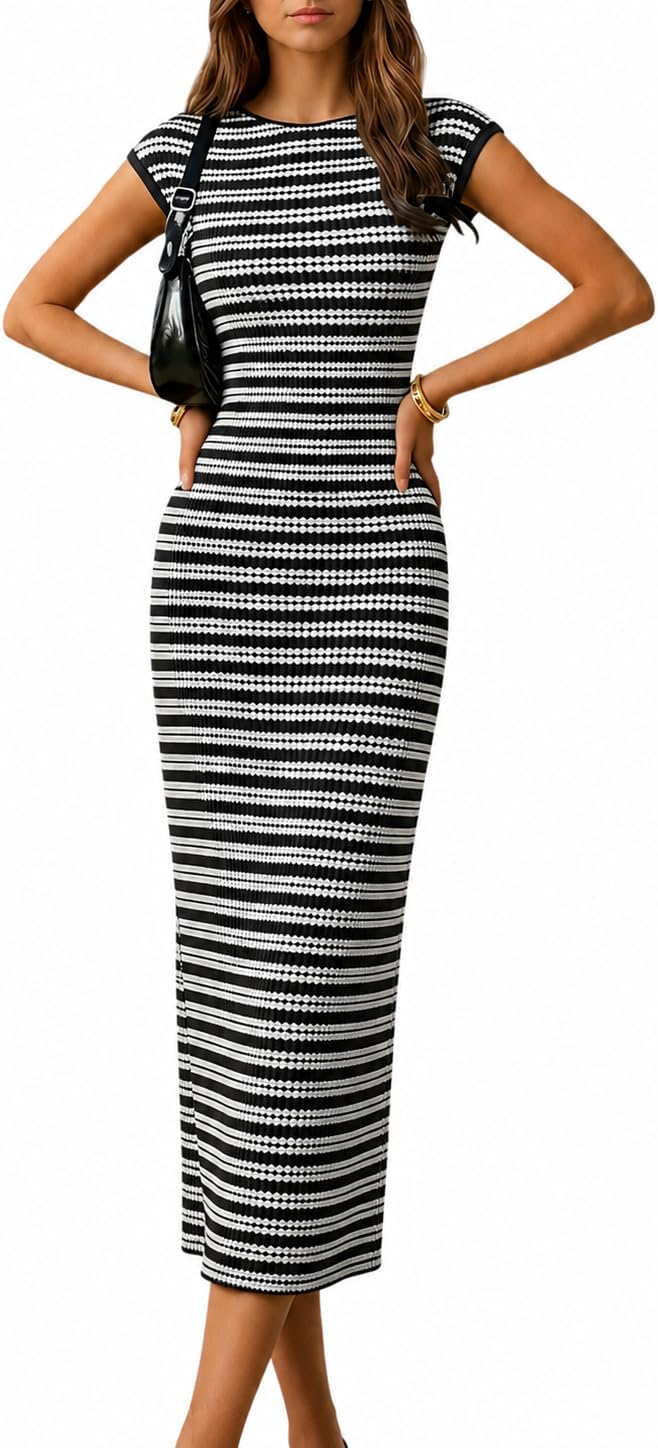 Women's Striped Midi Dress Casual Work Crew Neck Cap Sleeve Knit Bodycon Summer 2026