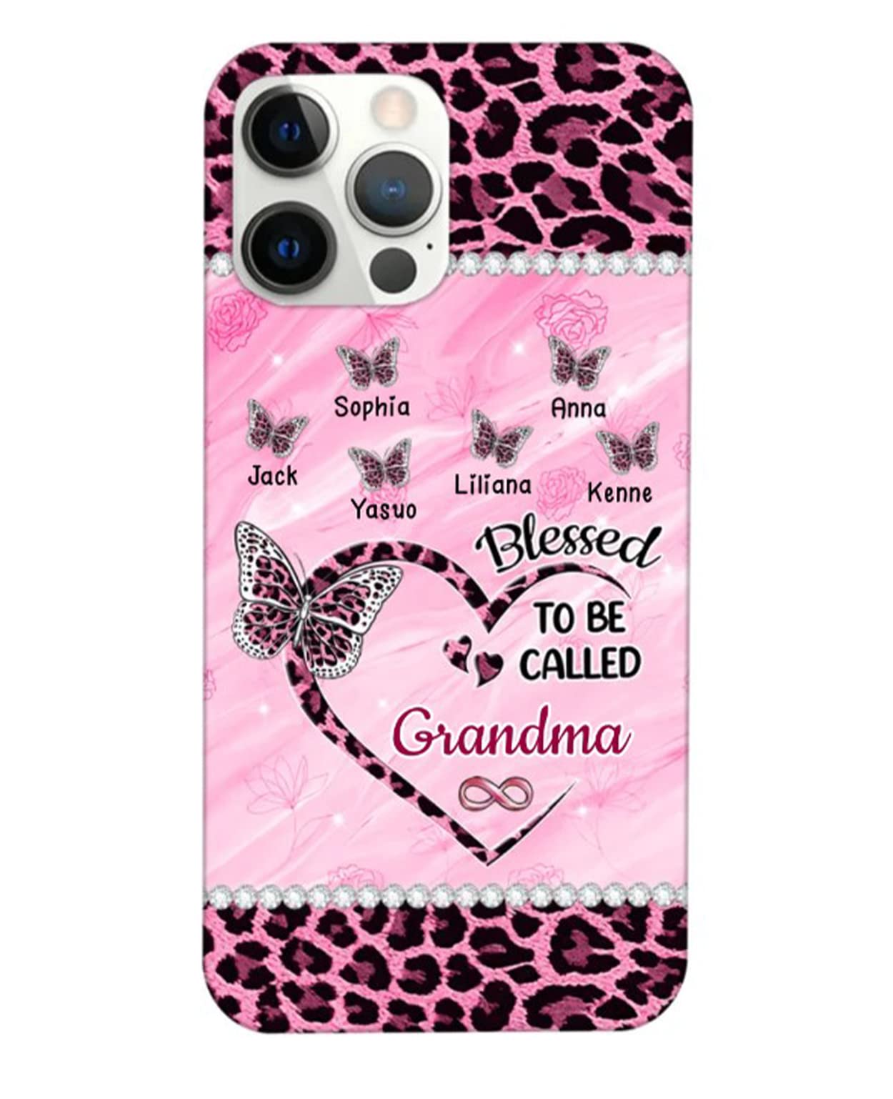 My4gifts Personalized Phone Case, Grandma Phone Case Gifts, Blessed to Be Called Grandma Leopard Heart Butterfly Kids Phone case, Gift for Birthday/