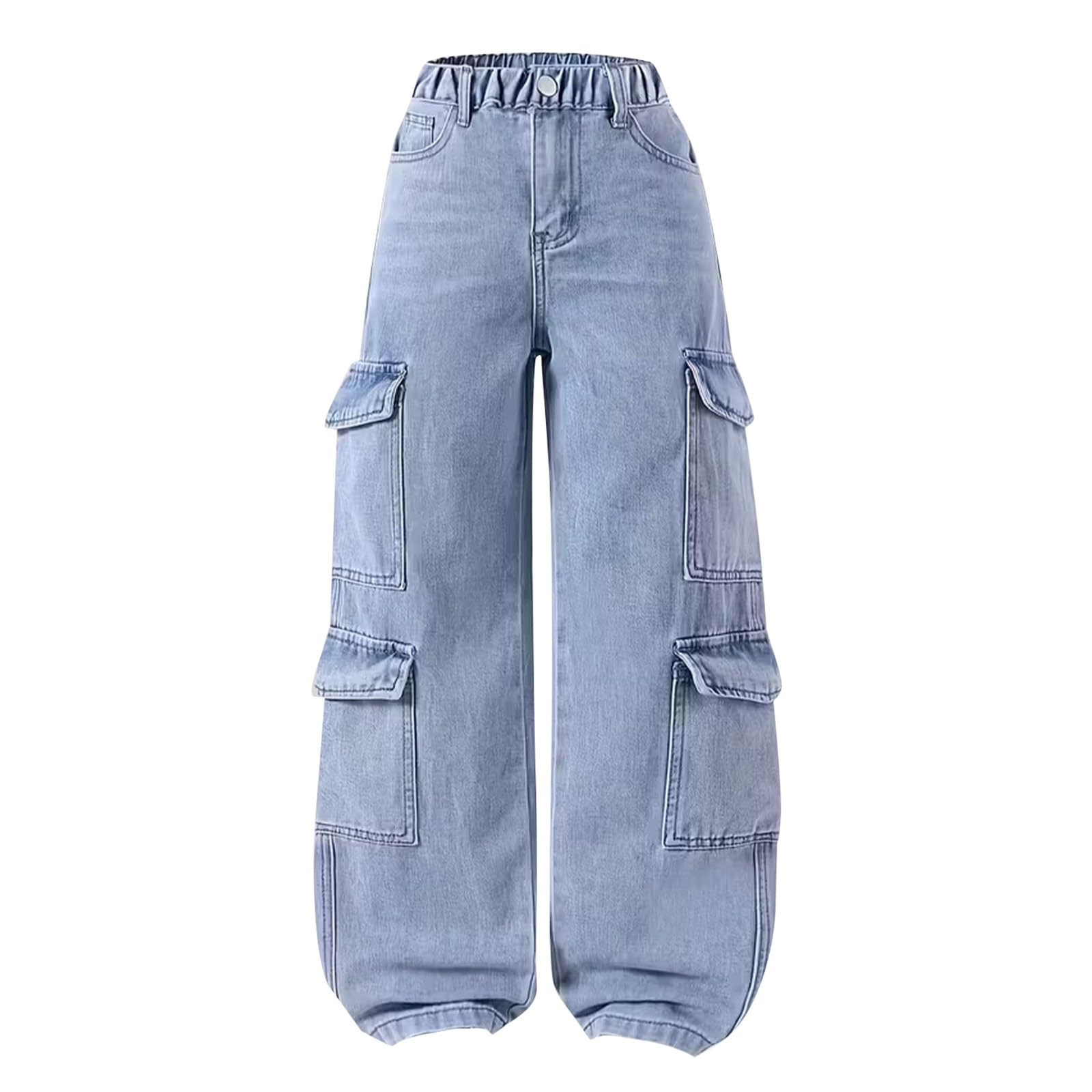 Jeans cargo para niñas, holgados, de pierna ancha, vintage, pantalones de mezclilla casuales para adolescentes, ropa de calle, pantalones elásticos de cintura alta y ajuste relajado
