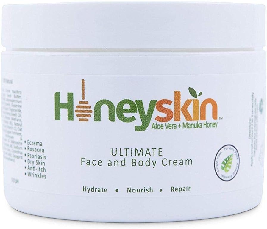 HoneyskinEczema Repair Cream for Face & Body (8 oz) Soothing, Organic Moisturizer, Rosacea, Psoriasis, Rashes, Dry Skin, Wrinkles, Manuka Honey, Aloe Vera