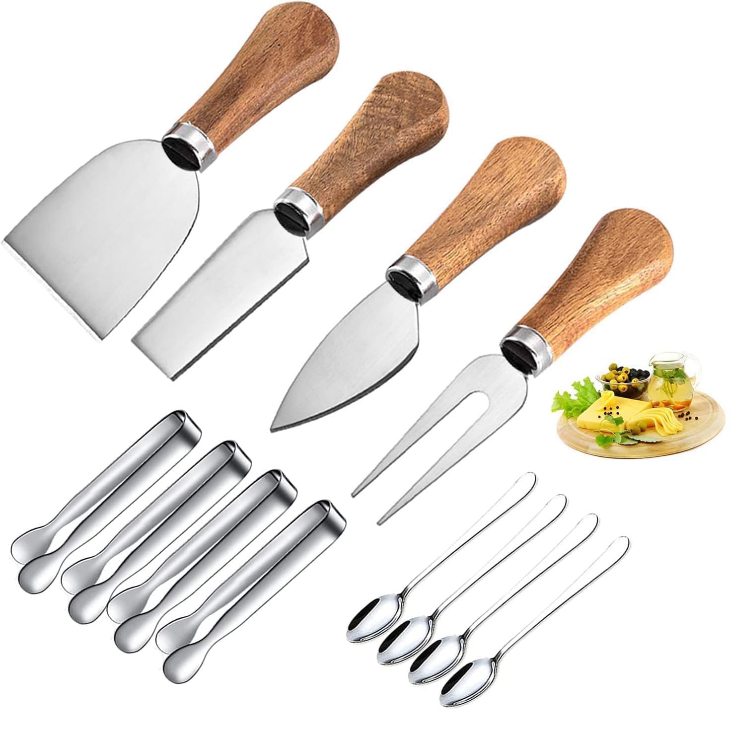 Linwnil Cheese Knives Set with Wooden Handle, Mini Steel Stainless Cheese Knife Set for Charcuterie and Cheese Spread Mini Serving Tongs Spoons Forks Toothpick Flags for Party Wedding Christmas