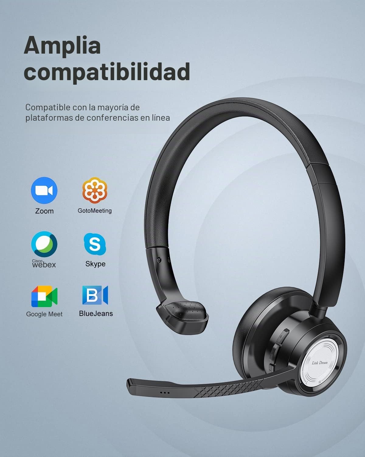 Link Dream Auriculares Inalambricos Bluetooth con Microfono, Cascos con Microfono Auriculares Inalambricos Cancelación de Ruido y Mic Mute con Adaptador USB para Call Center, Oficina, Skype