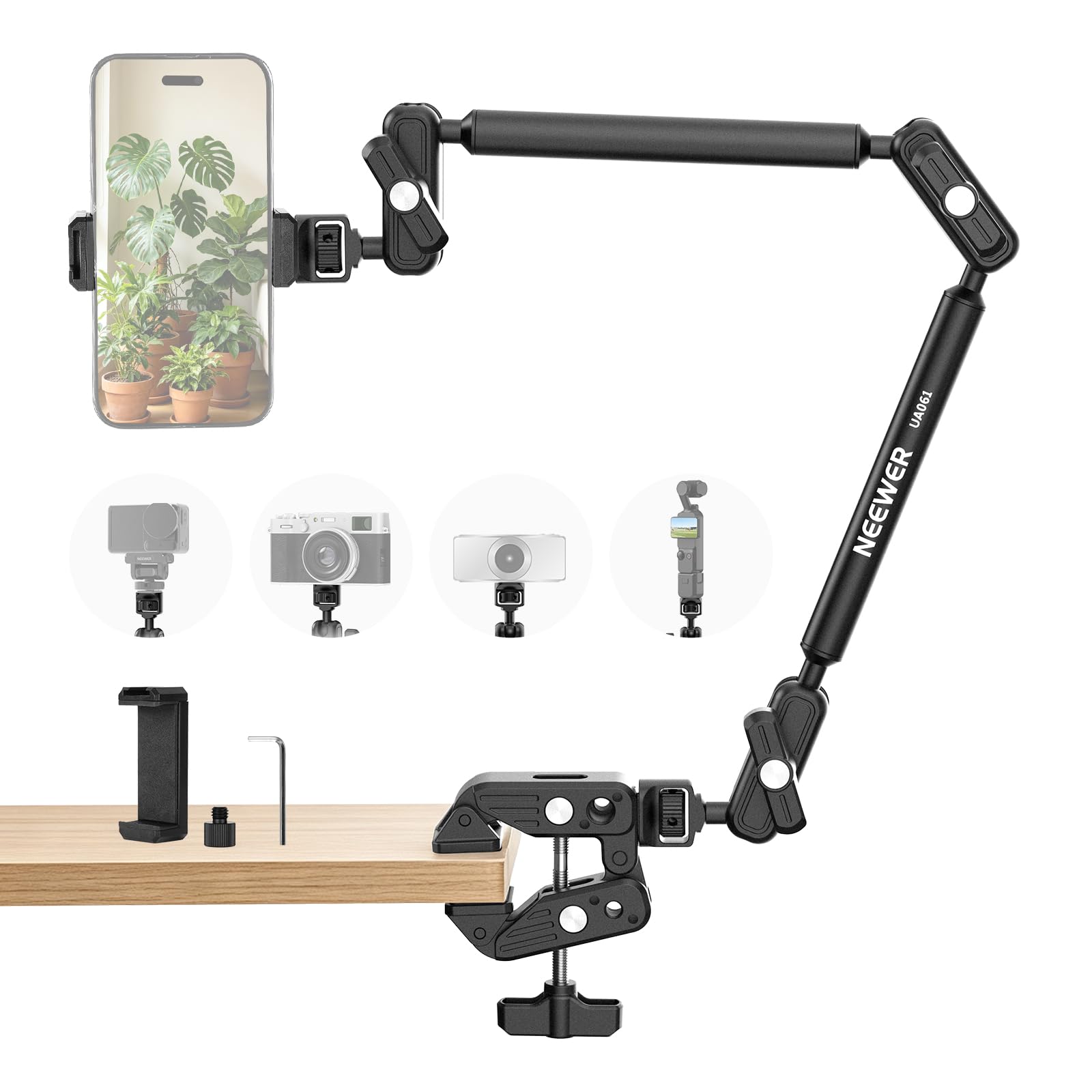 NEEWER BASICS Magiczny stojak na biurko z super zaciskiem, uchwyt na telefon i adapter 0,6 cm na 1 cm, uchwyt na mikrofon do górnego uchwytu fotograficznego, akcesoria fotograficzne do kamery
