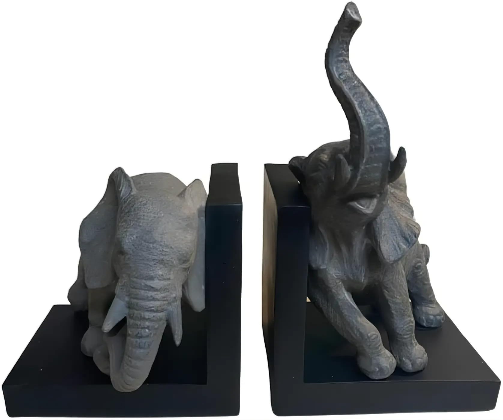 Comfy Hour 12" Large Elephant Decorative Bookends, Unique Heavy Duty Animal Book Ends for Shelves, Vintage Polyresin Book Stopper for Heavy Books, Gray & Black, 1 Pair