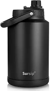Sursip One Gallon Insulated Water Jug,128 Oz Vacuum Double-Walled Water Bottle,18/8 Food-grade,Keep Drinking Hot and Cold,Sweat Proof,Great for Travel/Hiking/Camping/Sports/Gaming/Gift(Black)